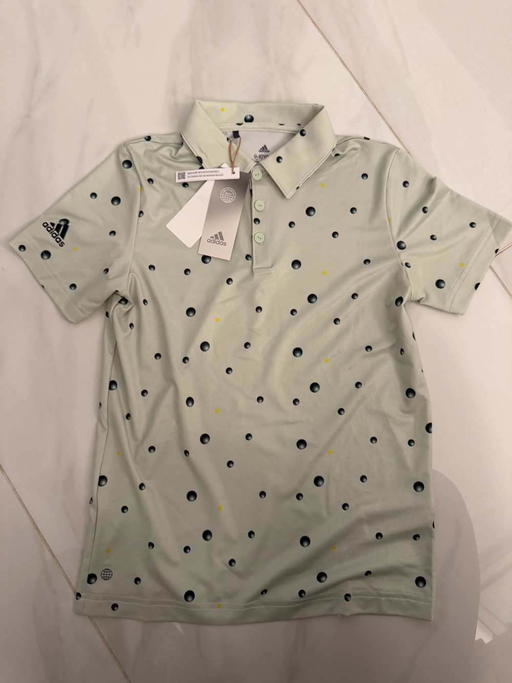 adidas youth Pale Green Polo with Black and Yellow Dot Print